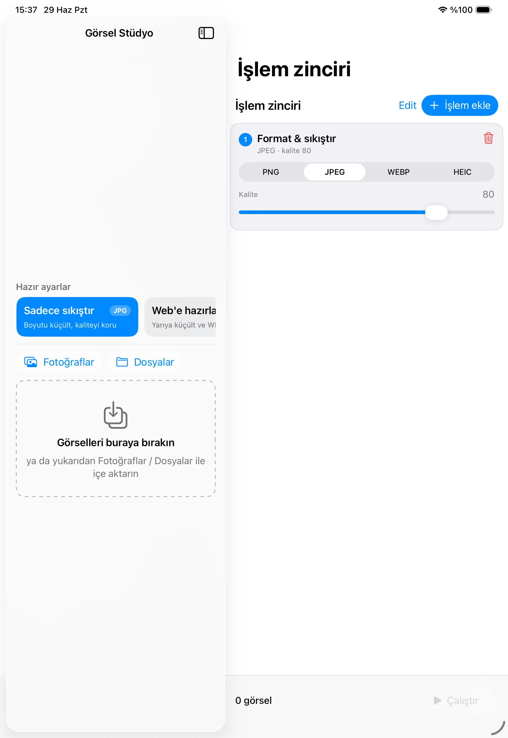 Görsel Stüdyo iPad ana ekranı; işlem zinciri (pipeline) ve toplu görsel işleme için geniş ekran düzeni.